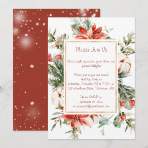Invitación Fiesta de Navidad de Poinsettia Roja y Siempreverd