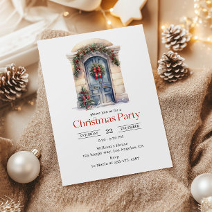 Invitación Fiesta de Navidad de Puerta Azul con Acuarela Eleg