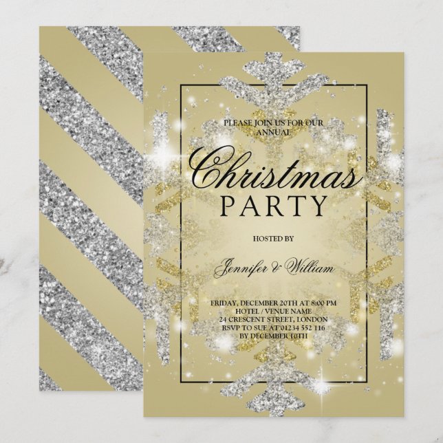 Invitación Fiesta de Navidad de Purpurina de oro y plata (Anverso / Reverso)