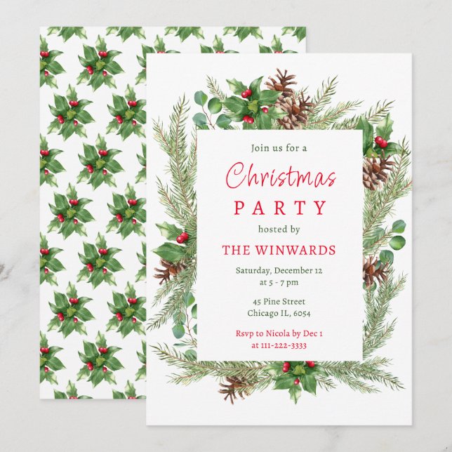 Invitación Fiesta de Navidad de Ramas de Pino y Bayas (Anverso / Reverso)