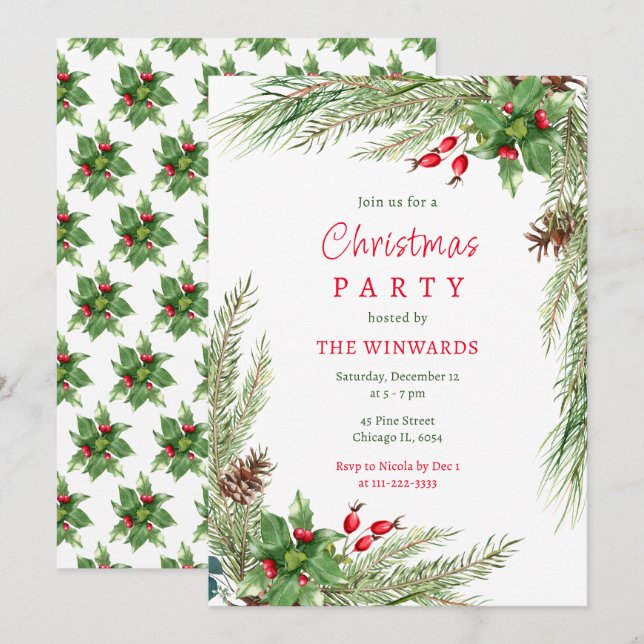 Invitación Fiesta de Navidad de Ramas y Bayas de Pino (Anverso / Reverso)