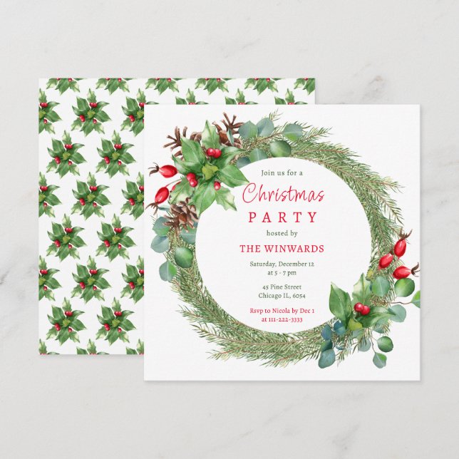 Invitación Fiesta de Navidad de Ramas y Bayas de Pino  (Anverso / Reverso)