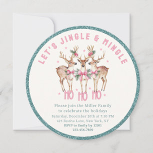 Invitación Fiesta de Navidad de Reno con Lazo Rosa y Brillo T