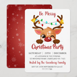 Invitación Fiesta de Navidad de Reno Cuerno Rojo Guiñando Ado