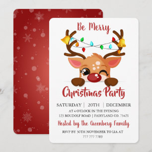 Invitación Fiesta de Navidad de Reno Cuerno Rojo Guiñando Ado
