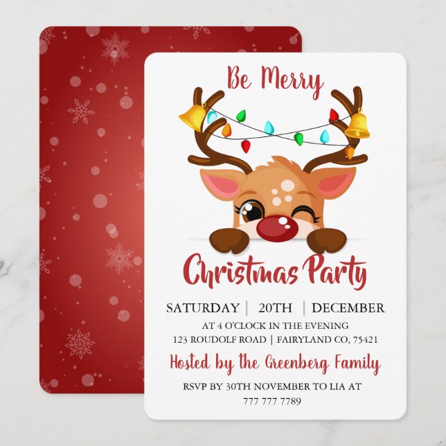 Invitación Fiesta de Navidad de Reno Cuerno Rojo Guiñando Ado (Anverso / Reverso)