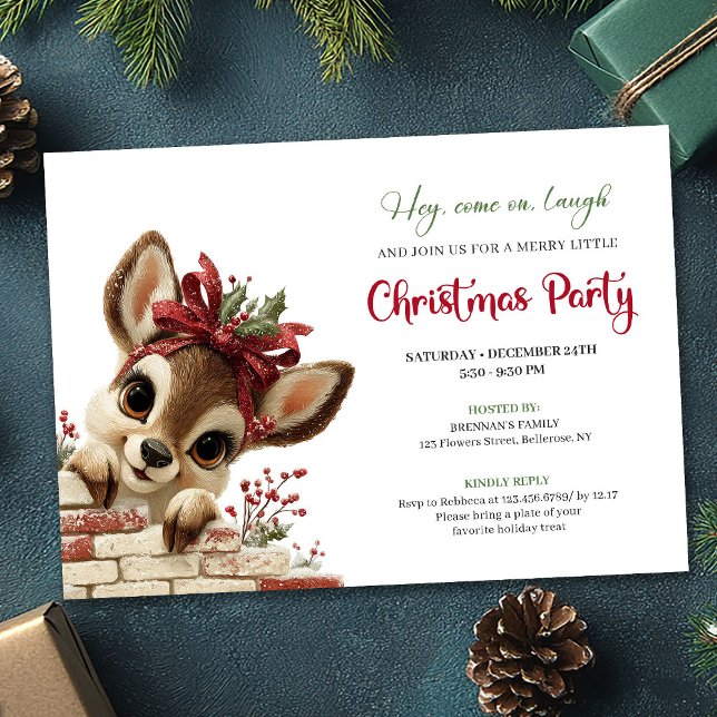 Invitación Fiesta de Navidad de renos curiosos infantiles fes (Festive peeking reindeer kids Christmas party design)