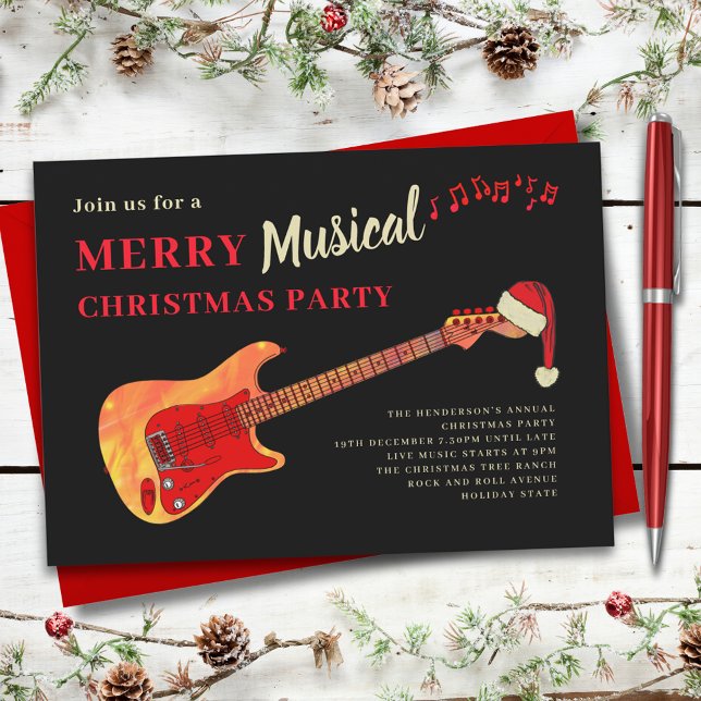 Invitación Fiesta de Navidad de Rock and Roll Alegre (Rock and roll merry musical Christmas party music themed invitation guitarist musician band)