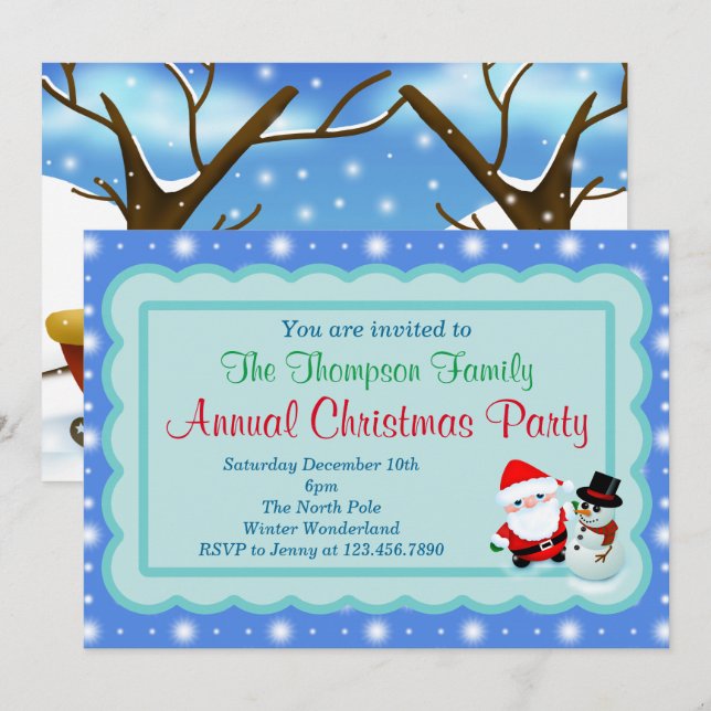Invitación Fiesta de Navidad de Santa Claus Muñeco de Nieve (Anverso / Reverso)