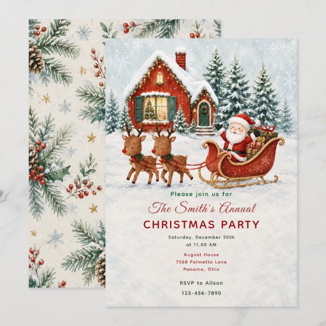 Invitación Fiesta de Navidad de Santa Trineo (Anverso / Reverso)