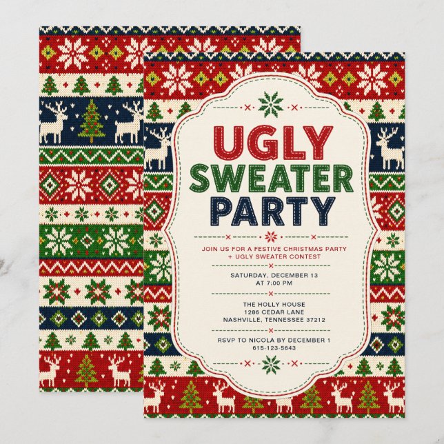 Invitación Fiesta de Navidad de Suéter Feo (Anverso / Reverso)