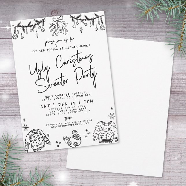 Invitación Fiesta de Navidad de Suéter Feo Dibujado a Mano (Hand Drawn Ugly Sweater Christmas Party Invitation)