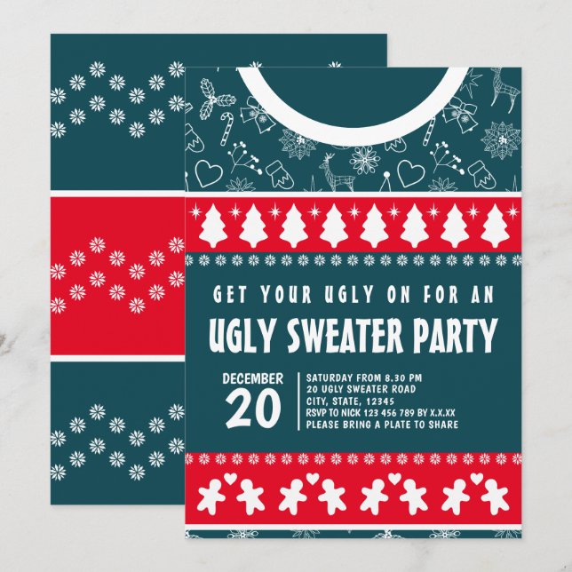 Invitación Fiesta de navidad de suéter rojo y azul oscuro mod (Anverso / Reverso)