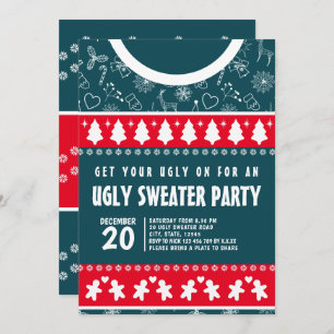Invitación Fiesta de navidad de suéter rojo y azul oscuro mod