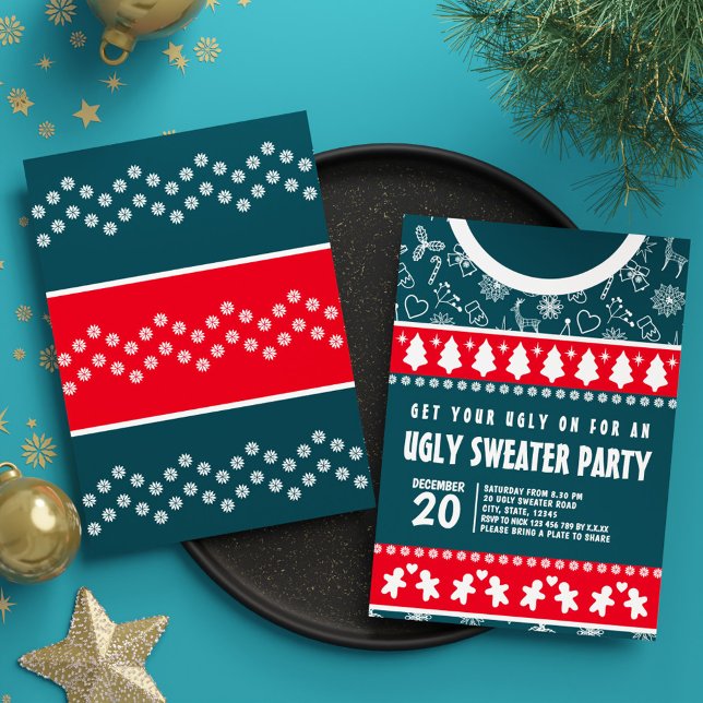 Invitación Fiesta de navidad de suéter rojo y azul oscuro mod (Cute Modern Red and Blue Ugly Sweater Xmas Party Invitation)
