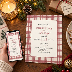 Invitación Fiesta de Navidad de Tartán Cuadros Crema Rojo