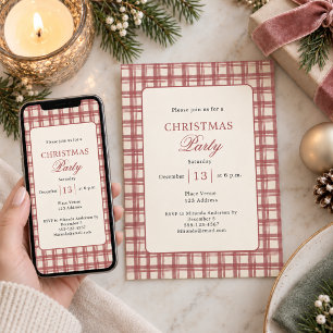 Invitación Fiesta de Navidad de Tartán Cuadros de Marfil Rojo