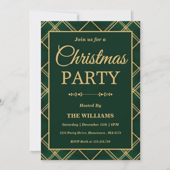 Invitación Fiesta de Navidad de Tartán de Plaid Esmeralda de  (Anverso)