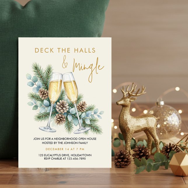 Invitación Fiesta de Navidad Deck the Halls Champagne (Holiday Party Invitation with champagne & greenery by Darling & May - printed or digital download)