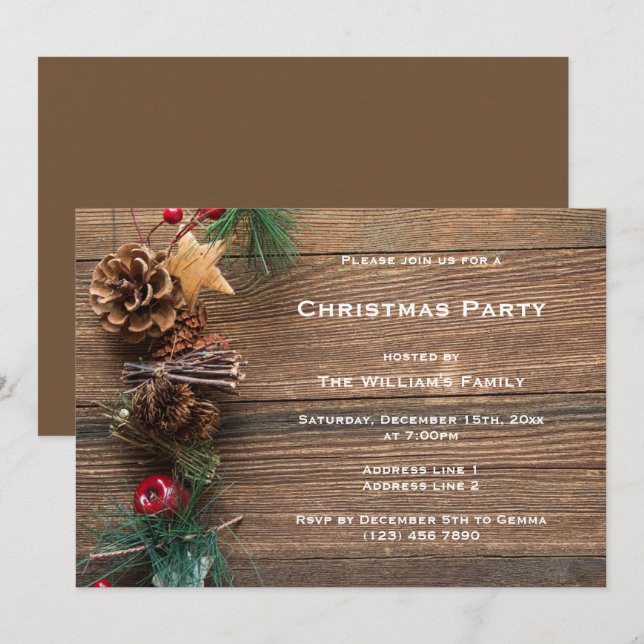Invitación Fiesta de Navidad decorativa marrón (Anverso / Reverso)