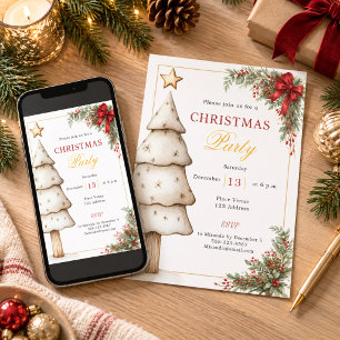 Invitación Fiesta de Navidad del árbol con lazo rojo