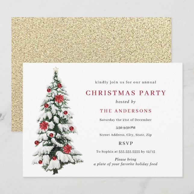 Invitación Fiesta de Navidad del Árbol Tradicional de Oro Roj (Anverso / Reverso)