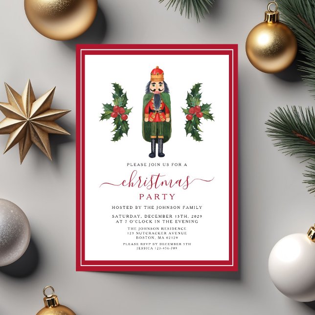 Invitación Fiesta de Navidad del Cascanueces Rojo (Elegant Red Nutcracker Christmas Party Invitation)