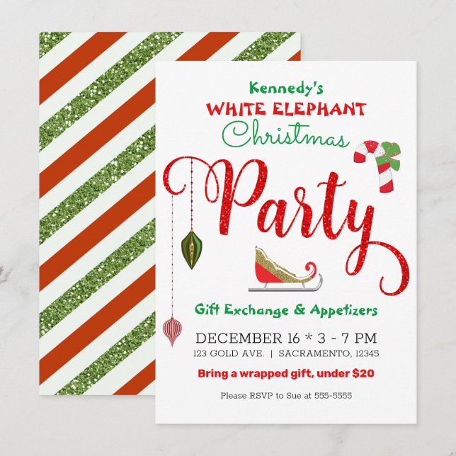 Invitación Fiesta de Navidad del Elefante Blanco con Purpurin (Anverso / Reverso)