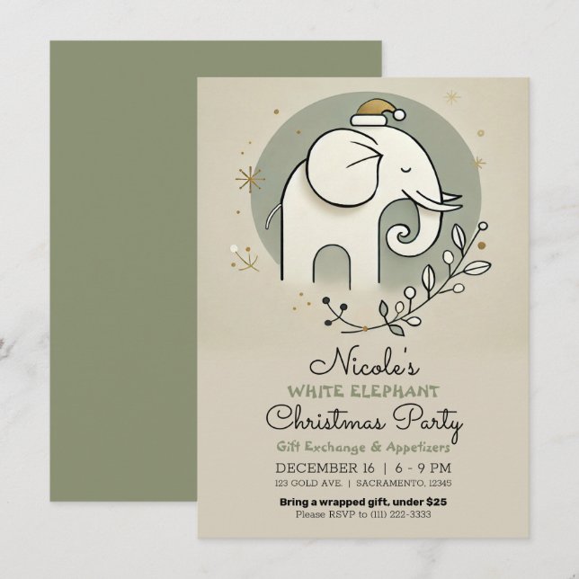Invitación Fiesta de Navidad del Elefante Blanco Verde Beige  (Anverso / Reverso)