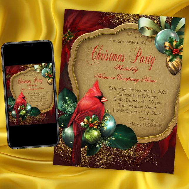 Invitación Fiesta de Navidad del elegante cardenal rojo (Red Cardinal Christmas Party Invitation. Instant download and printed invitations available.)