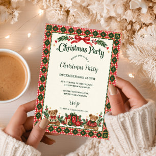 Invitación Fiesta de Navidad del Oso de Peluche de Cuadros Ro