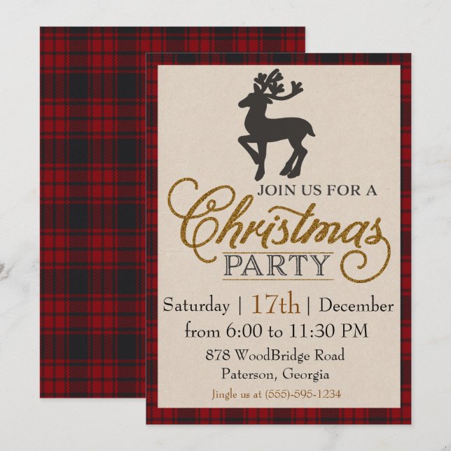Invitación Fiesta de Navidad del Reno de Oro (Anverso / Reverso)
