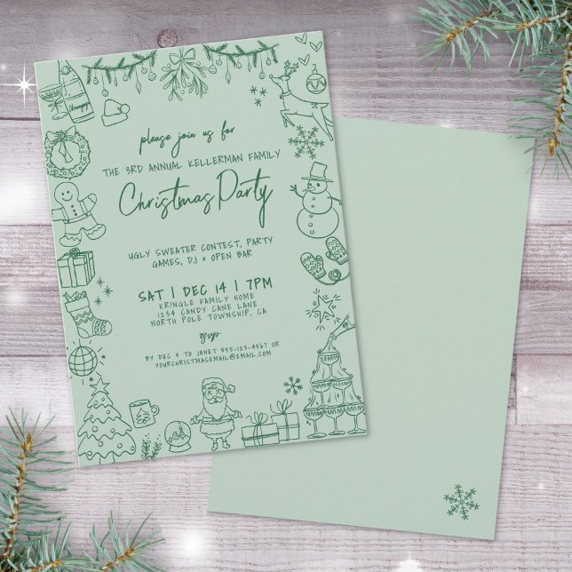 Invitación Fiesta de Navidad Dibujada con Capricho (Whimsical Hand Drawn Christmas Party Invitation)