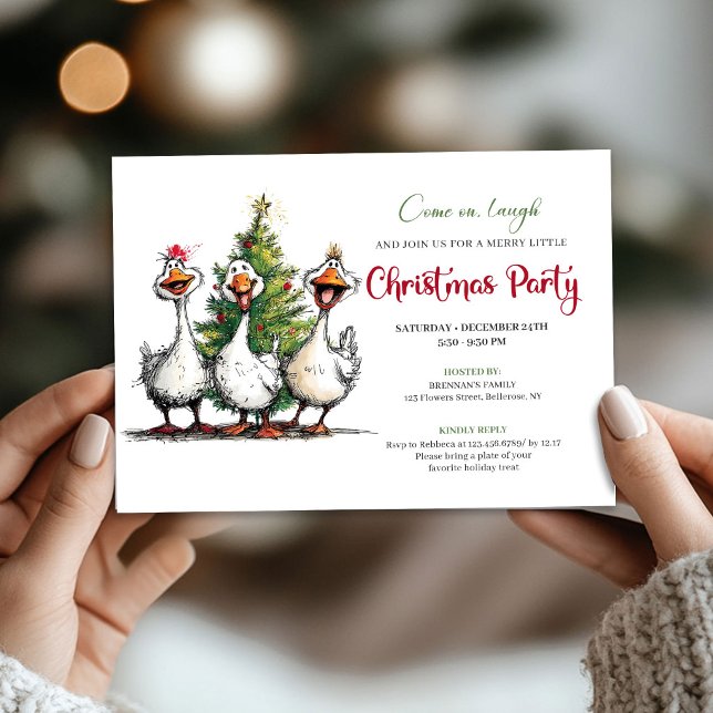 Invitación Fiesta de Navidad Divertida y Caprichosa con Ganso (Cute quirky goose Christmas party invitation with playful humor and whimsical cartoon artwork)