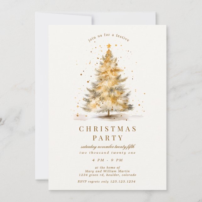 Invitación Fiesta de Navidad Dorada de Lujo (Anverso)