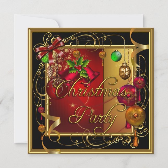 Invitación Fiesta de Navidad Dorado Rojo Brillo de Navidad (Anverso)