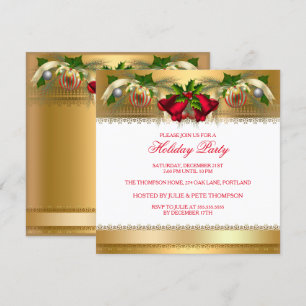 Invitación Fiesta de Navidad dorados campanas adornos rojos