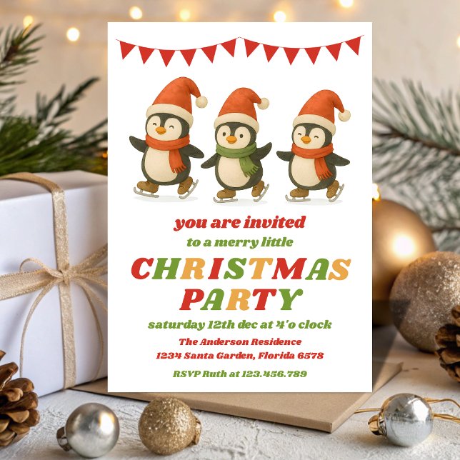 Invitación Fiesta de Navidad Editable Pingüinos Retro (Subido por el creador)