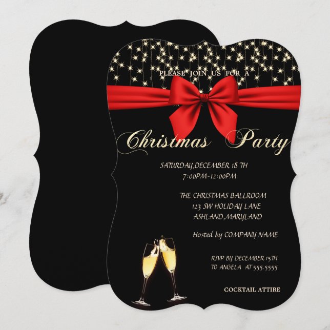 Invitación Fiesta de Navidad Elegant, Bow, Wine Glass, (Anverso / Reverso)