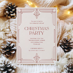 Invitación Fiesta de Navidad elegante Art Déco marfil y roj