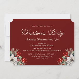 Invitación Fiesta de Navidad elegante botánica roja