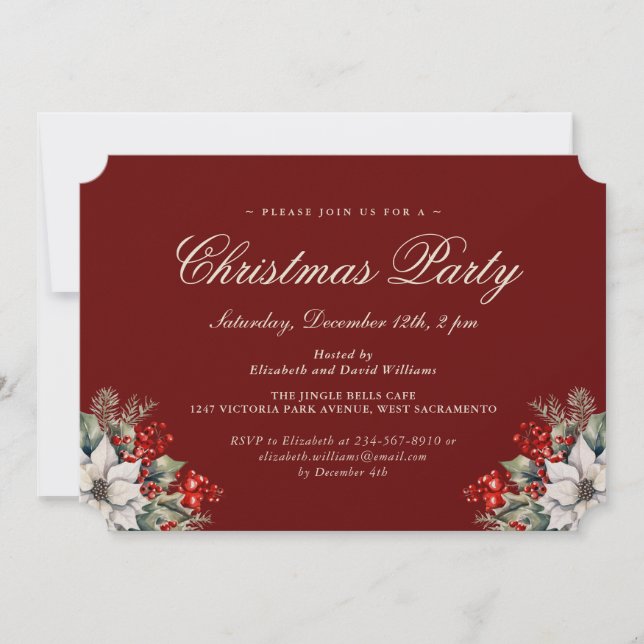 Invitación Fiesta de Navidad elegante botánica roja (Anverso)