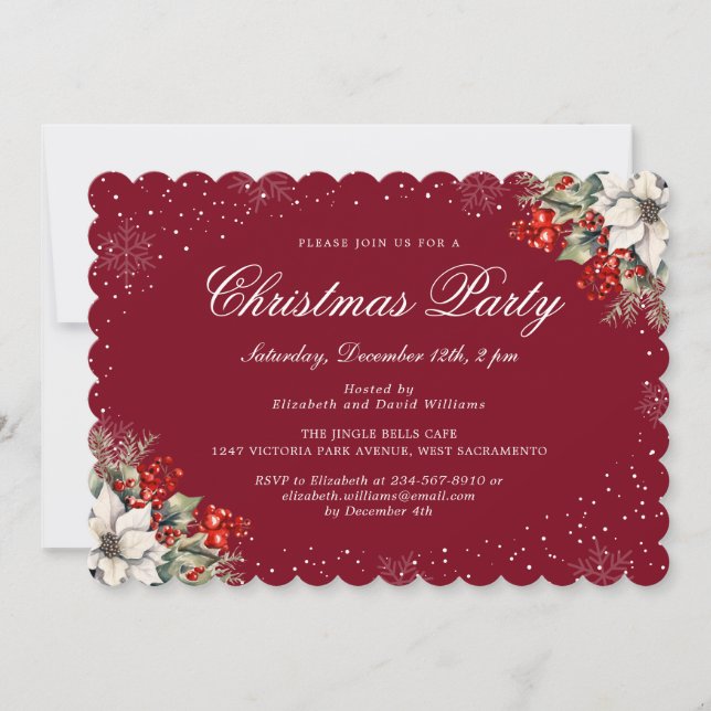 Invitación Fiesta de Navidad elegante botánica roja (Anverso)