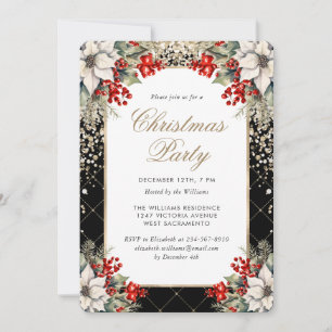 Invitación Fiesta de Navidad elegante Botánico Negro Oro