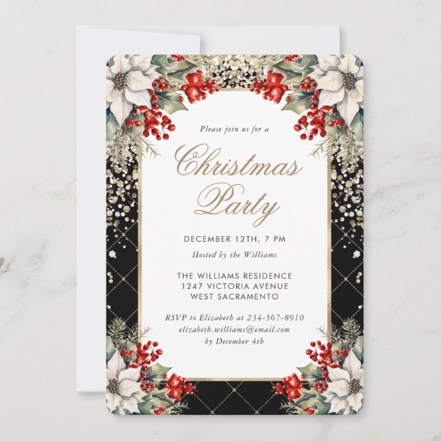 Invitación Fiesta de Navidad elegante Botánico Negro Oro (Anverso)