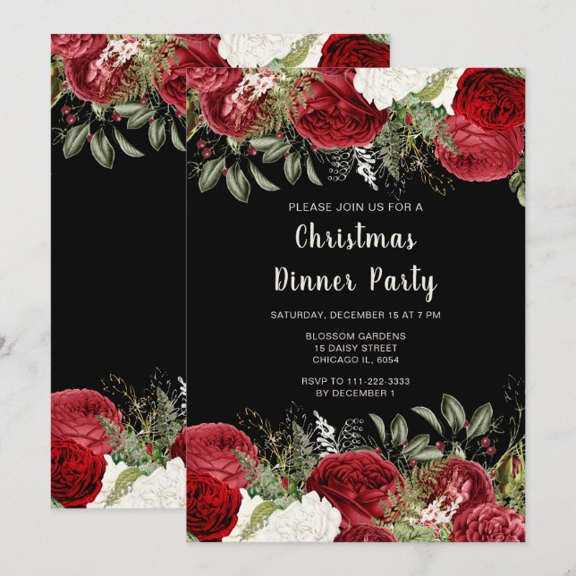 Invitación Fiesta de Navidad elegante con flores rojas (Anverso / Reverso)
