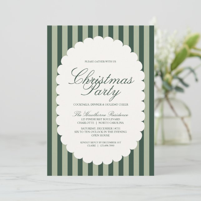 Invitación Fiesta de Navidad elegante con franja verde (Anverso de pie)