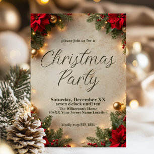 Invitación Fiesta de Navidad elegante con poinsettias y luces
