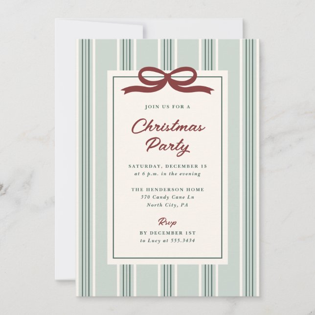 Invitación Fiesta de Navidad elegante con rayas y lazo (Anverso)