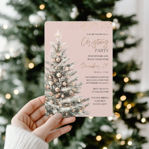Invitación Fiesta de Navidad elegante con rosa pálido y dorad